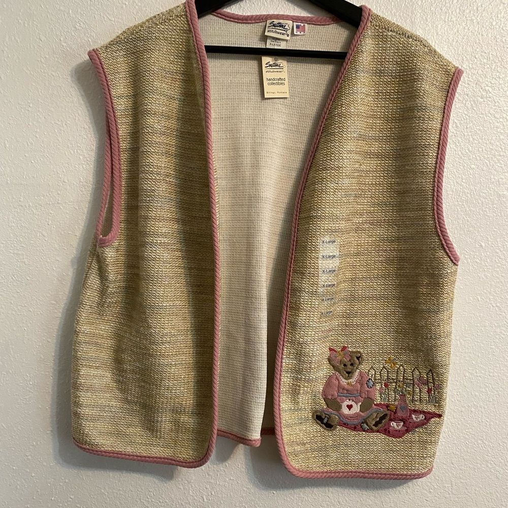 New 80's Vintage Women's Teddy Bear Embroidered, Open Front Vest XL Teacher b27